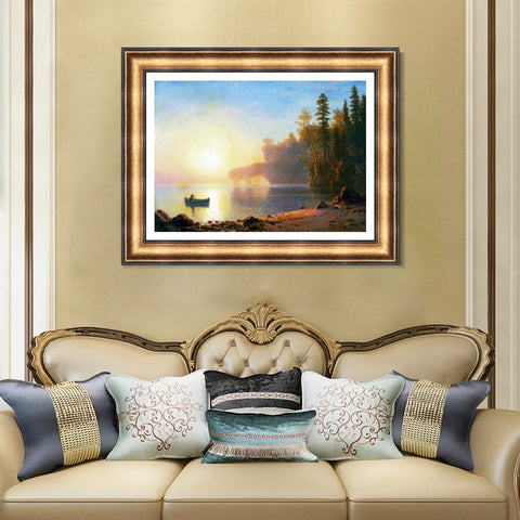 INVIN ART Framed Canvas Art Giclee Print A Boat Landing in The Sunset by Albert Bierstadt Wall Art Living Room Home Office Decorations