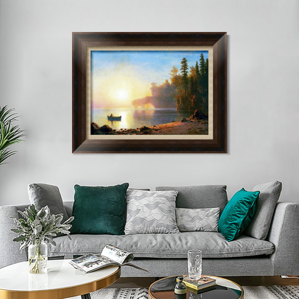 INVIN ART Framed Canvas Art Giclee Print A Boat Landing in The Sunset by Albert Bierstadt Wall Art