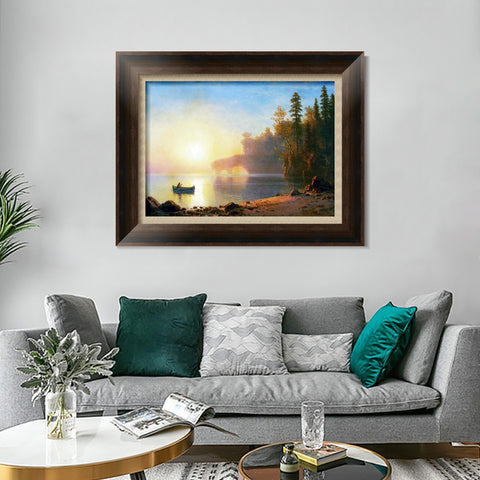 INVIN ART Framed Canvas Art Giclee Print A Boat Landing in The Sunset by Albert Bierstadt Wall Art Living Room Home Office Decorations
