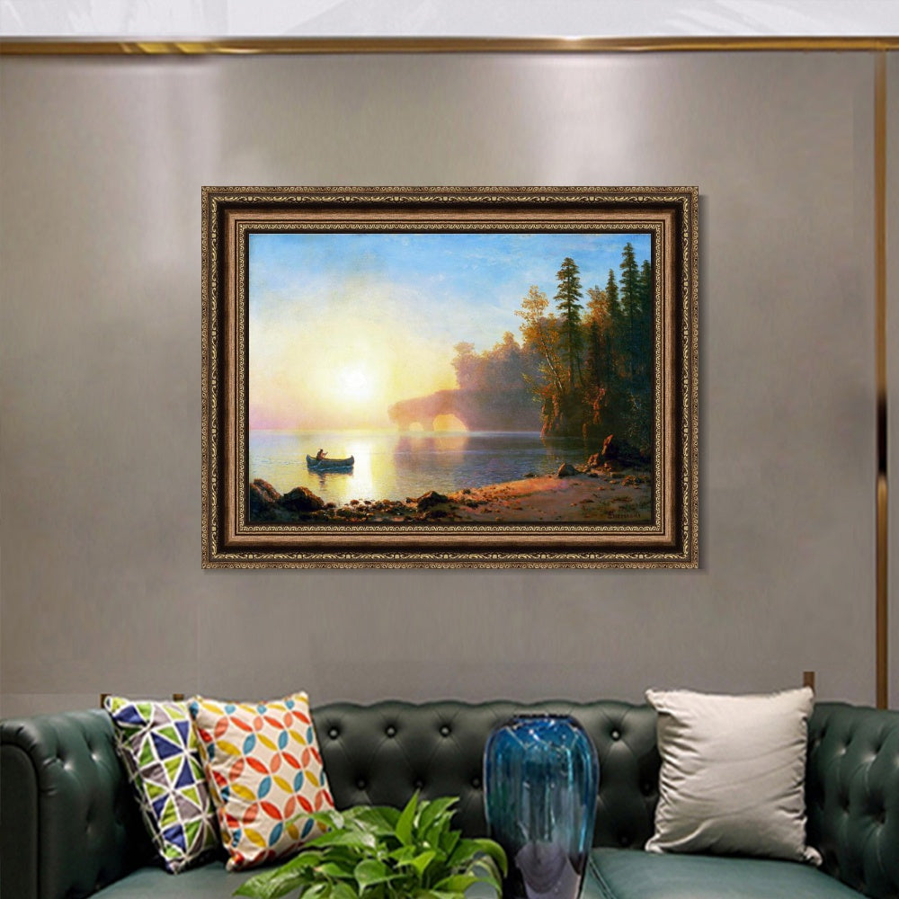 INVIN ART Framed Canvas Art Giclee Print A Boat Landing in The Sunset by Albert Bierstadt Wall Art