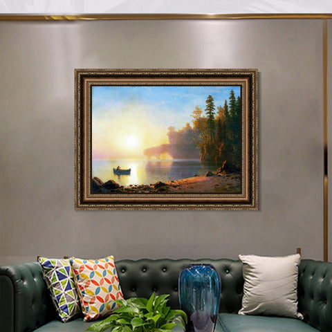 INVIN ART Framed Canvas Art Giclee Print A Boat Landing in The Sunset by Albert Bierstadt Wall Art Living Room Home Office Decorations