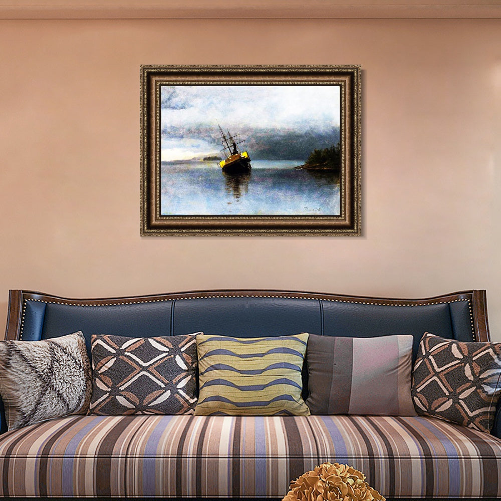 INVIN ART Framed Canvas Art Giclee Print a lonely boat in the quie tlake by Albert Bierstadt Wall Art