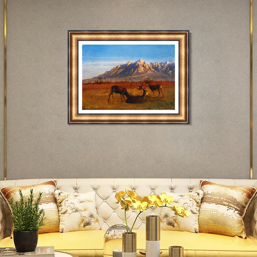 INVIN ART Framed Canvas Art Giclee Print Deer Sipping In The Sunset by Albert Bierstadt Wall Art Living Room Home Office Decorations