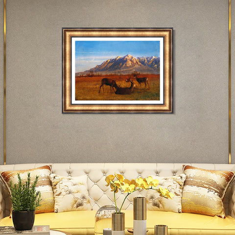 INVIN ART Framed Canvas Art Giclee Print Deer Sipping In The Sunset by Albert Bierstadt Wall Art Living Room Home Office Decorations