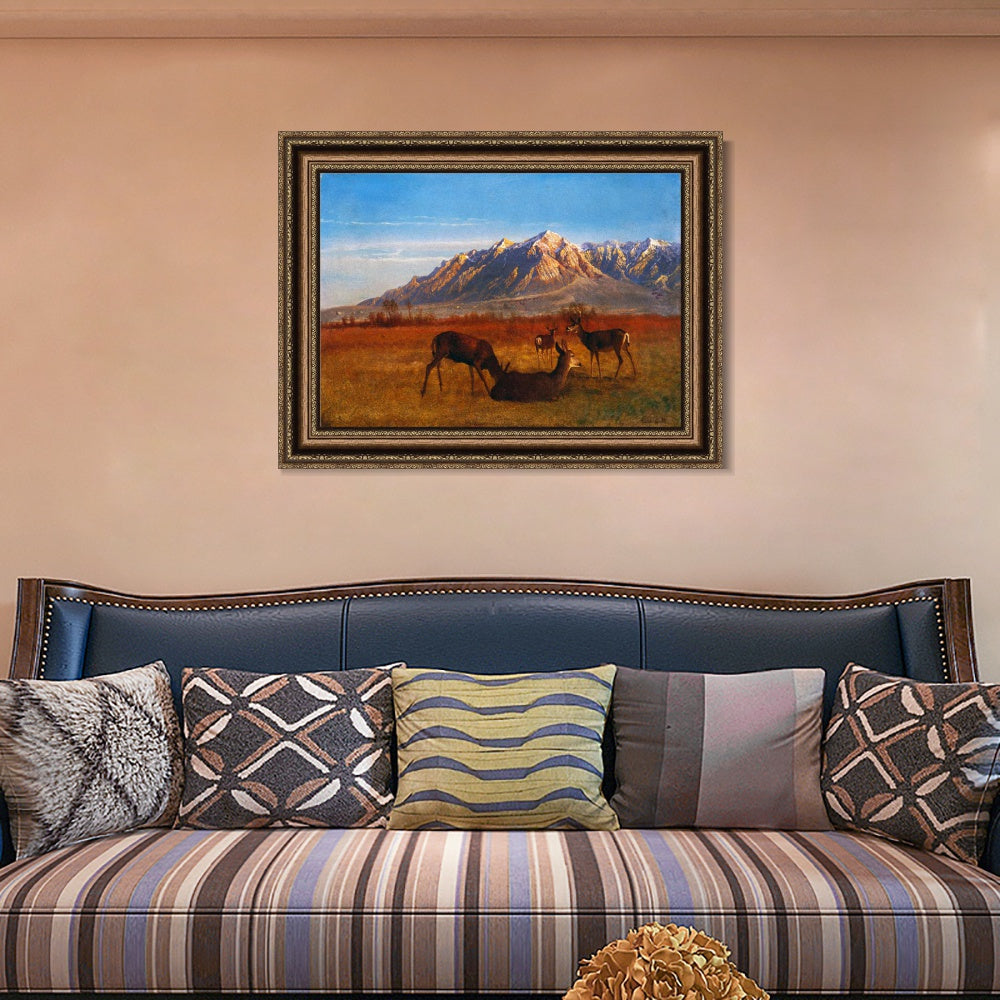 INVIN ART Framed Canvas Art Giclee Print Deer Sipping In The Sunset by Albert Bierstadt Wall Art Living Room Home Office Decorations