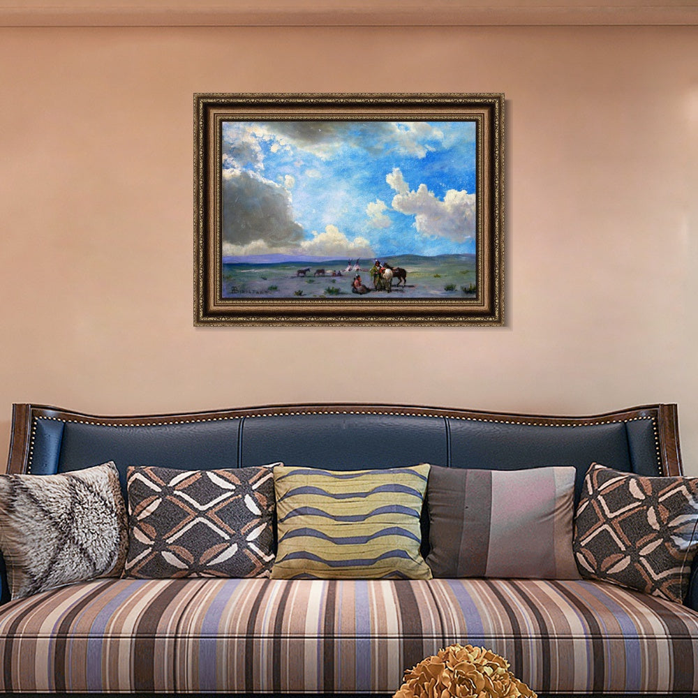 INVIN ART Framed Canvas Art Giclee Print Indians By The Riverside by Albert Bierstadt Wall Art