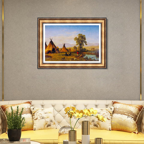INVIN ART Framed Canvas Art Giclee Print Indian Tribes Camping by Albert Bierstadt Wall Art Living Room Home Office Decorations