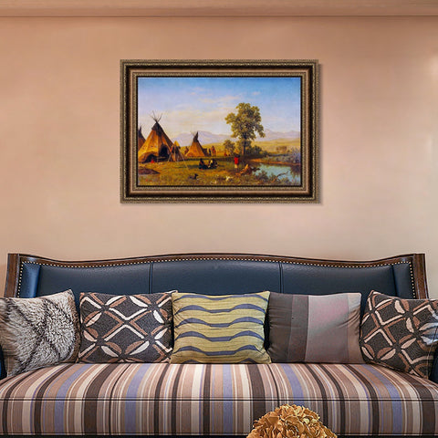 INVIN ART Framed Canvas Art Giclee Print Indian Tribes Camping by Albert Bierstadt Wall Art Living Room Home Office Decorations