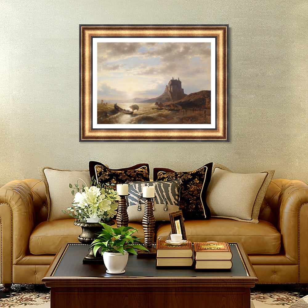 INVIN ART Framed Canvas Art Giclee Print A boat landing in the sunset#2 by Albert Bierstadt Wall Art
