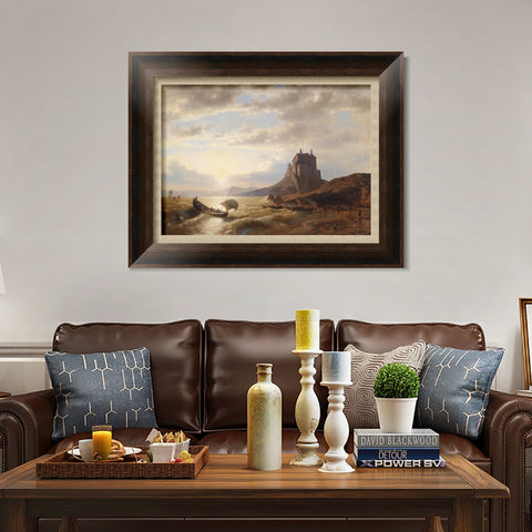 INVIN ART Framed Canvas Art Giclee Print A boat landing in the sunset#2 by Albert Bierstadt Wall Art Living Room Home Office Decorations