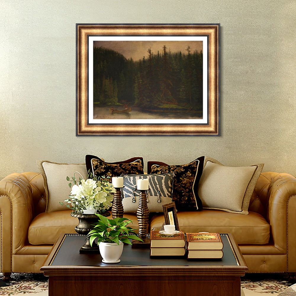 INVIN ART Framed Canvas Art Giclee Print A lonely boat in the quiet lake by Albert Bierstadt Wall Art