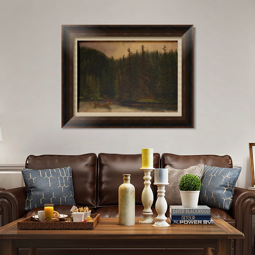 INVIN ART Framed Canvas Art Giclee Print A lonely boat in the quiet lake by Albert Bierstadt Wall Art