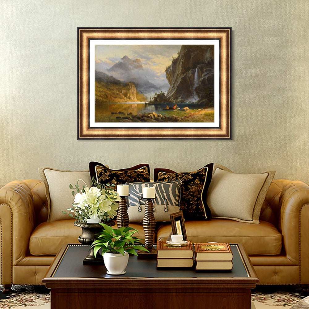 INVIN ART Framed Canvas Art Giclee Print A boat with lake and mountain#2 by Albert Bierstadt Wall Art