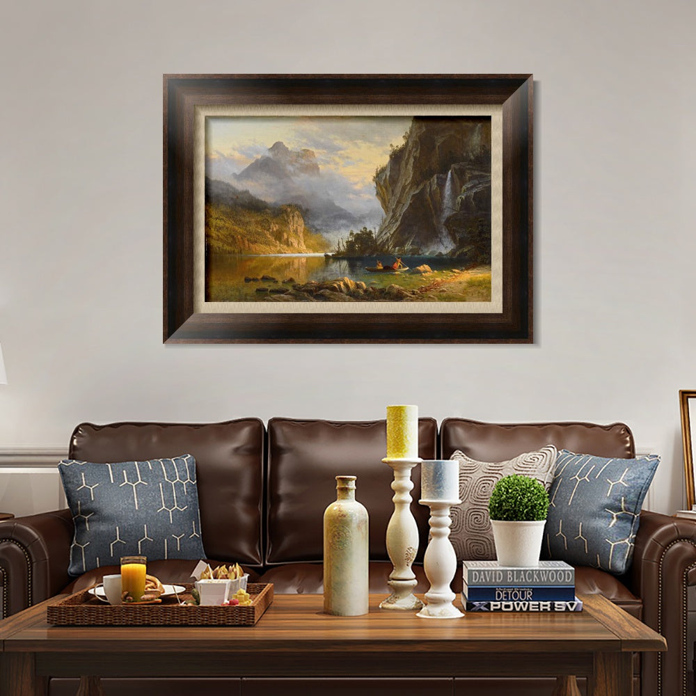 INVIN ART Framed Canvas Art Giclee Print A boat with lake and mountain#2 by Albert Bierstadt Wall Art
