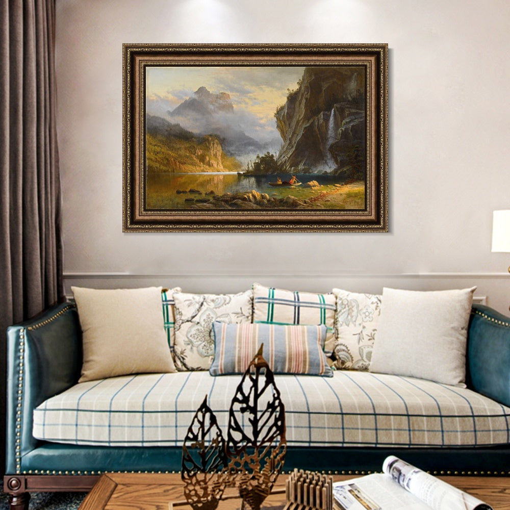INVIN ART Framed Canvas Art Giclee Print A boat with lake and mountain#2 by Albert Bierstadt Wall Art