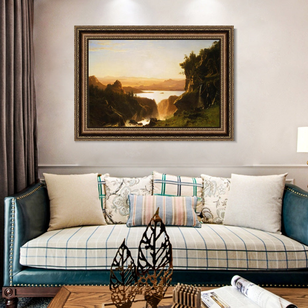 INVIN ART Framed Canvas Art Giclee Print Golden light shining to the lake by Albert Bierstadt Wall Art