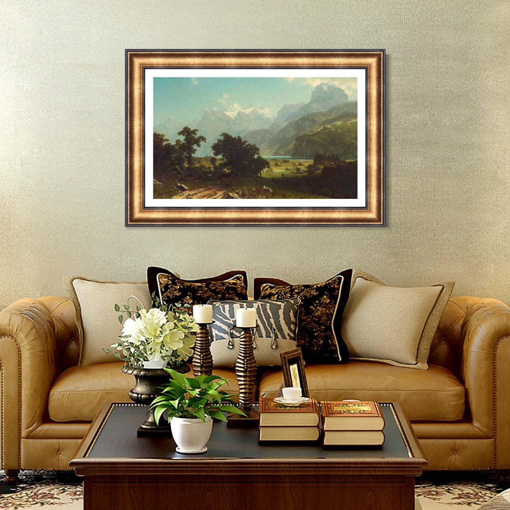INVIN ART Framed Canvas Art Giclee Print By a Mountain Lake by Albert Bierstadt Wall Art