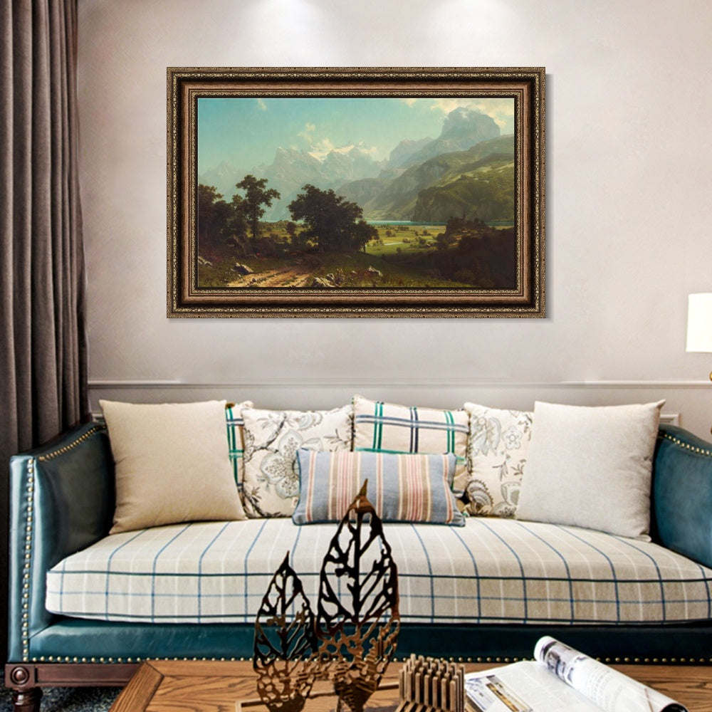 INVIN ART Framed Canvas Art Giclee Print By a Mountain Lake by Albert Bierstadt Wall Art