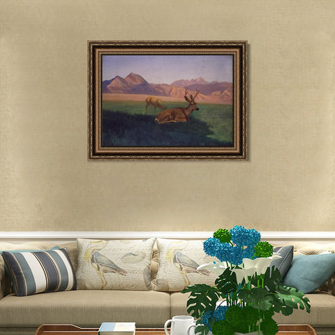 INVIN ART Framed Canvas Art Giclee Print Deer by the lake by Albert Bierstadt Wall Art Living Room Home Office Decorations