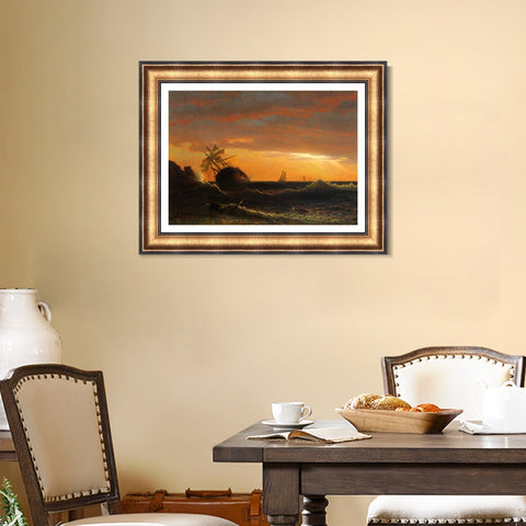 INVIN ART Framed Canvas Art Giclee Print Boat in sunset by Albert Bierstadt Wall Art Living Room Home Office Decorations
