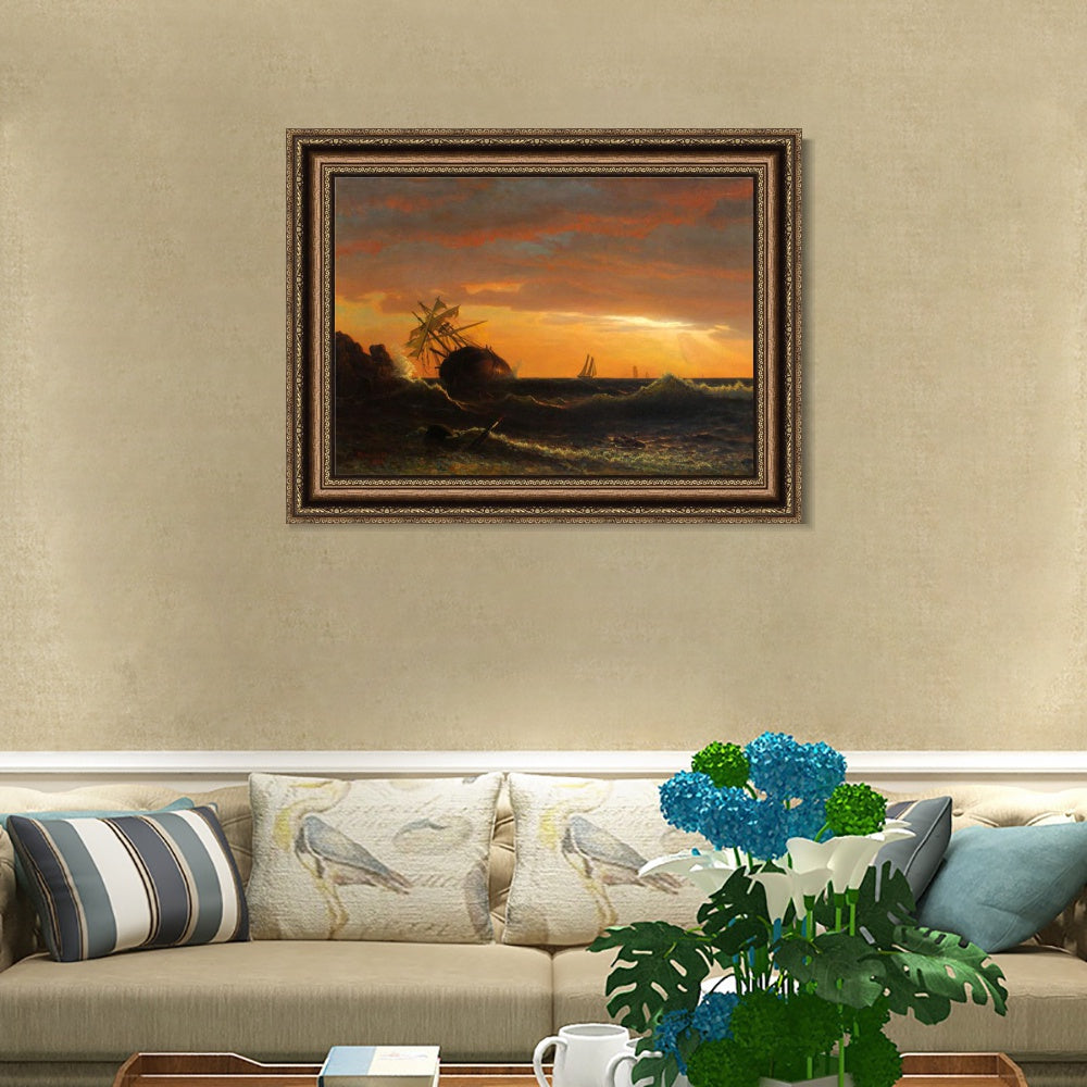INVIN ART Framed Canvas Art Giclee Print Boat in sunset by Albert Bierstadt Wall Art
