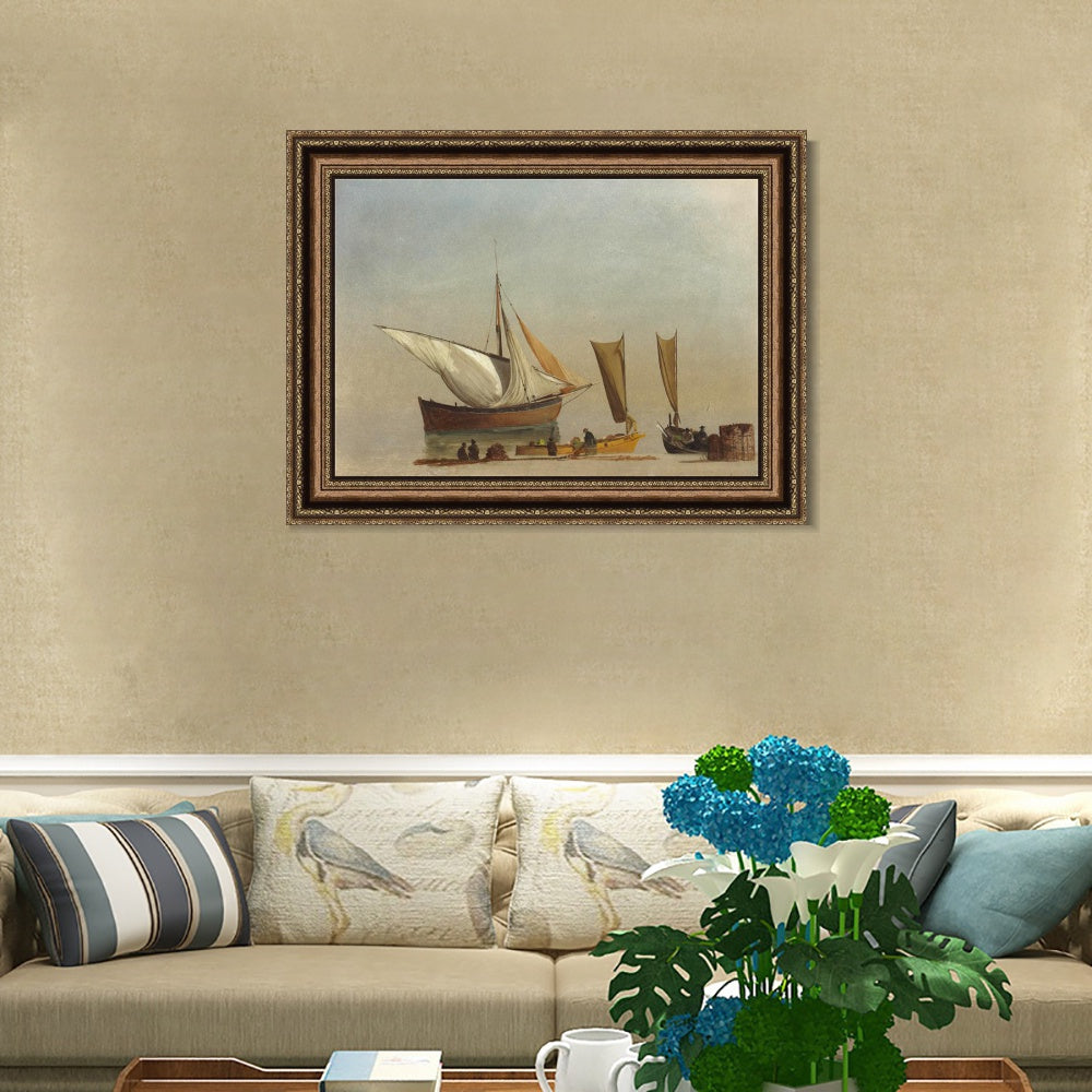 INVIN ART Framed Canvas Art Giclee Print Fishing Boats by Albert Bierstadt Wall Art