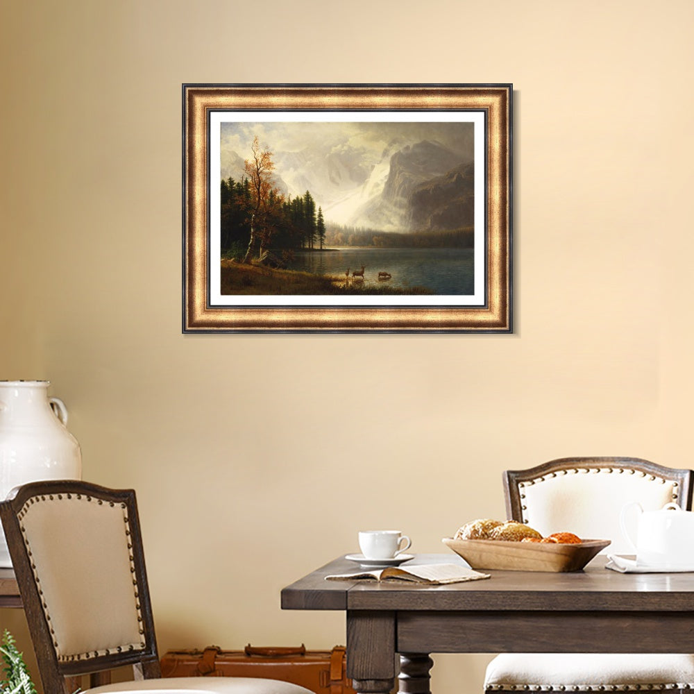 INVIN ART Framed Canvas Art Giclee Print Deer by the lake#2 by Albert Bierstadt Wall Art