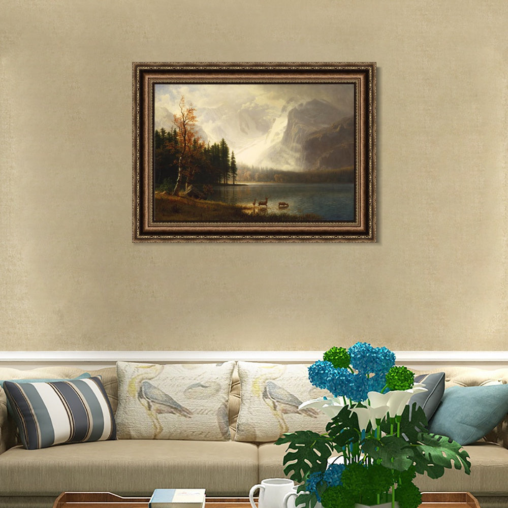 INVIN ART Framed Canvas Art Giclee Print Deer by the lake#2 by Albert Bierstadt Wall Art