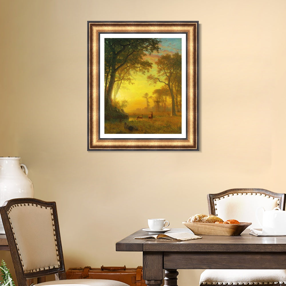 INVIN ART Framed Canvas Art Giclee Print Sunset, Deer, and River by Albert Bierstadt Wall Art