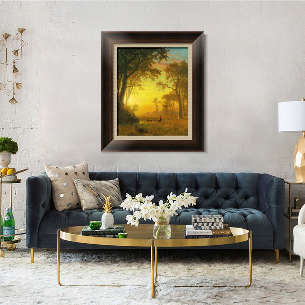 INVIN ART Framed Canvas Art Giclee Print Sunset, Deer, and River by Albert Bierstadt Wall Art