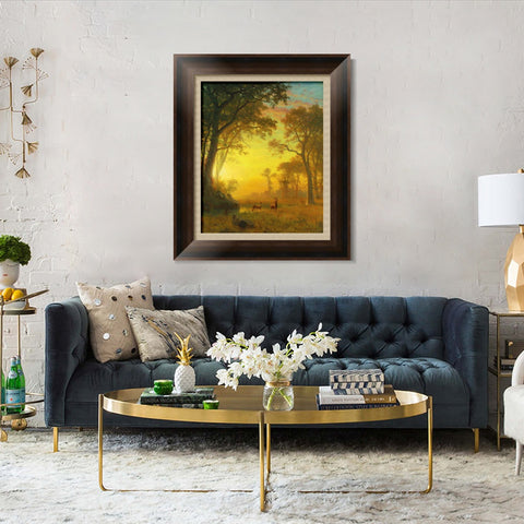 INVIN ART Framed Canvas Art Giclee Print Sunset, Deer, and River by Albert Bierstadt Wall Art Living Room Home Office Decorations