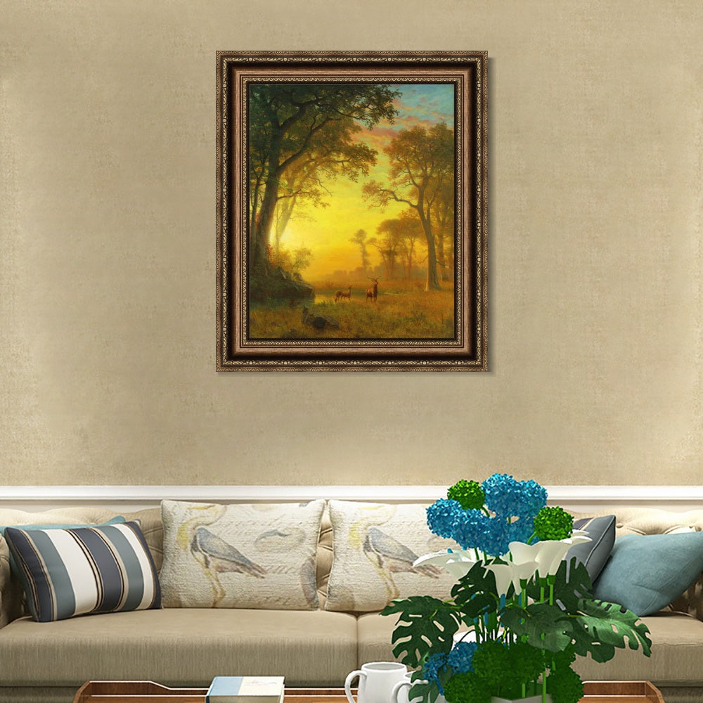 INVIN ART Framed Canvas Art Giclee Print Sunset, Deer, and River by Albert Bierstadt Wall Art