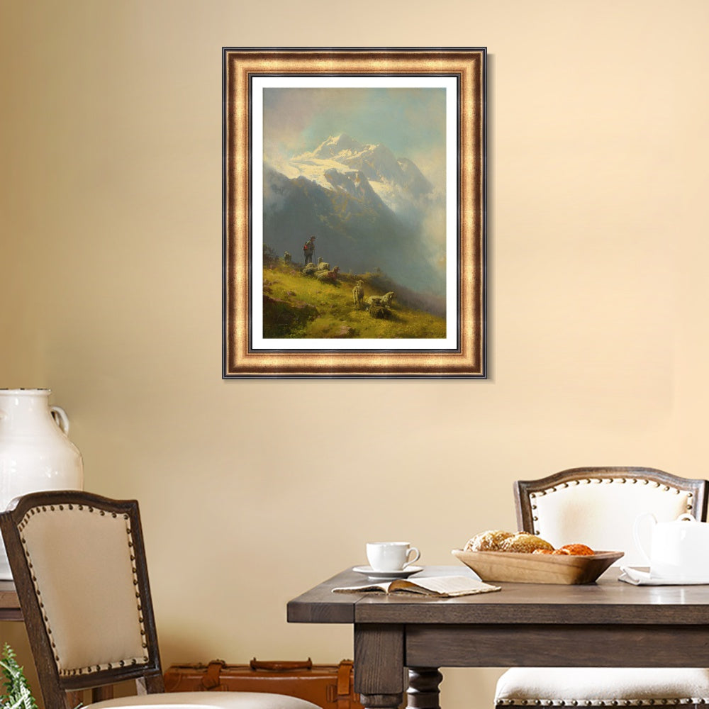 INVIN ART Framed Canvas Art Giclee Print Goatherd and goat under the mountain by Albert Bierstadt Wall Art