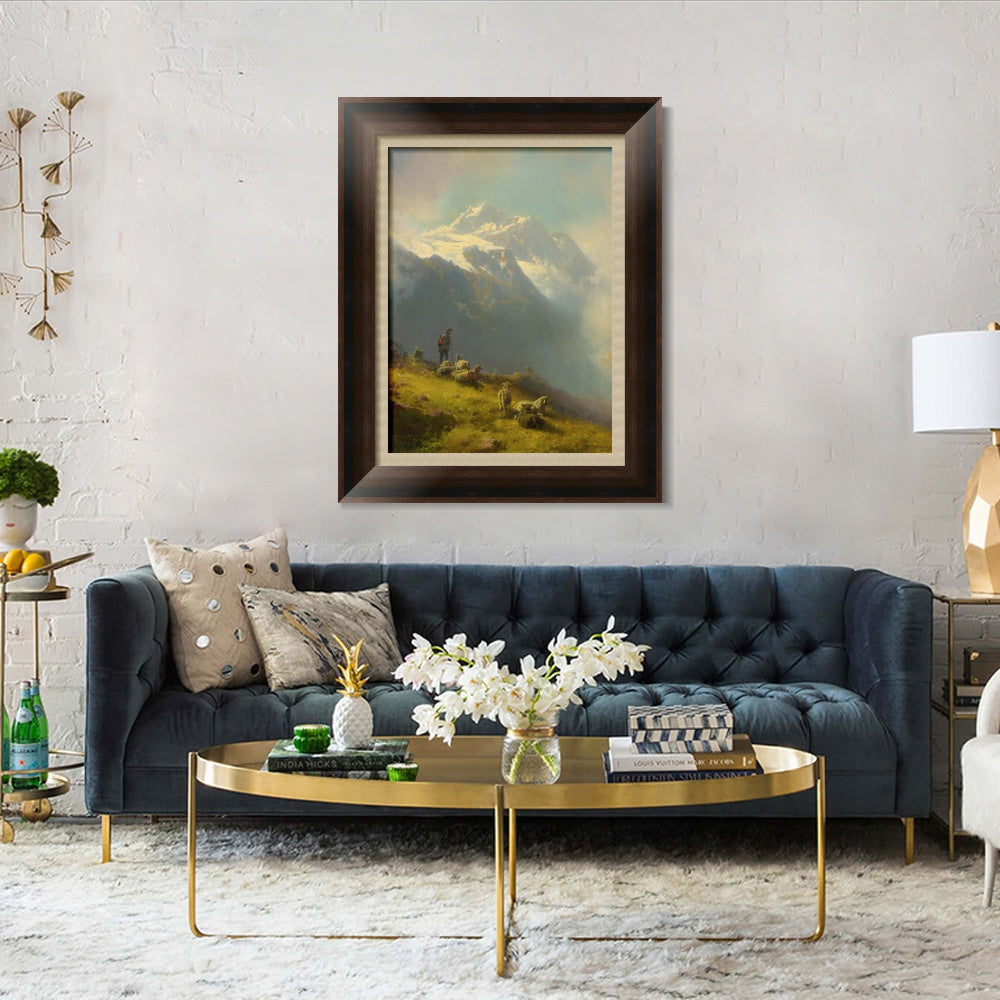 INVIN ART Framed Canvas Art Giclee Print Goatherd and goat under the mountain by Albert Bierstadt Wall Art