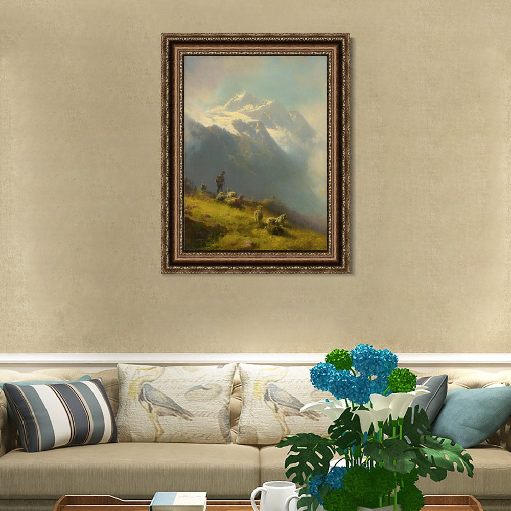 INVIN ART Framed Canvas Art Giclee Print Goatherd and goat under the mountain by Albert Bierstadt Wall Art