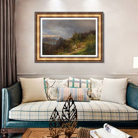 INVIN ART Framed Canvas Art Giclee Print Cattle and sheep on the hillside by Albert Bierstadt Wall Art Living Room Home Office Decorations