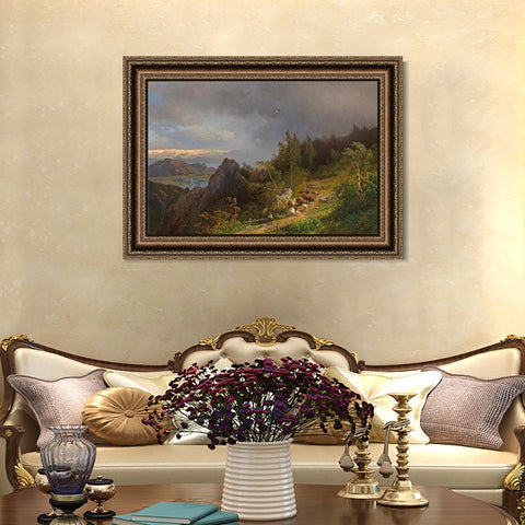 INVIN ART Framed Canvas Art Giclee Print Cattle and sheep on the hillside by Albert Bierstadt Wall Art Living Room Home Office Decorations