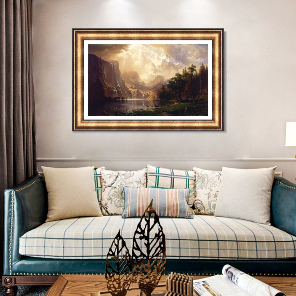 INVIN ART Framed Canvas Art Giclee Print Lake, Mountain, Waterfall, Animals by Albert Bierstadt Wall Art