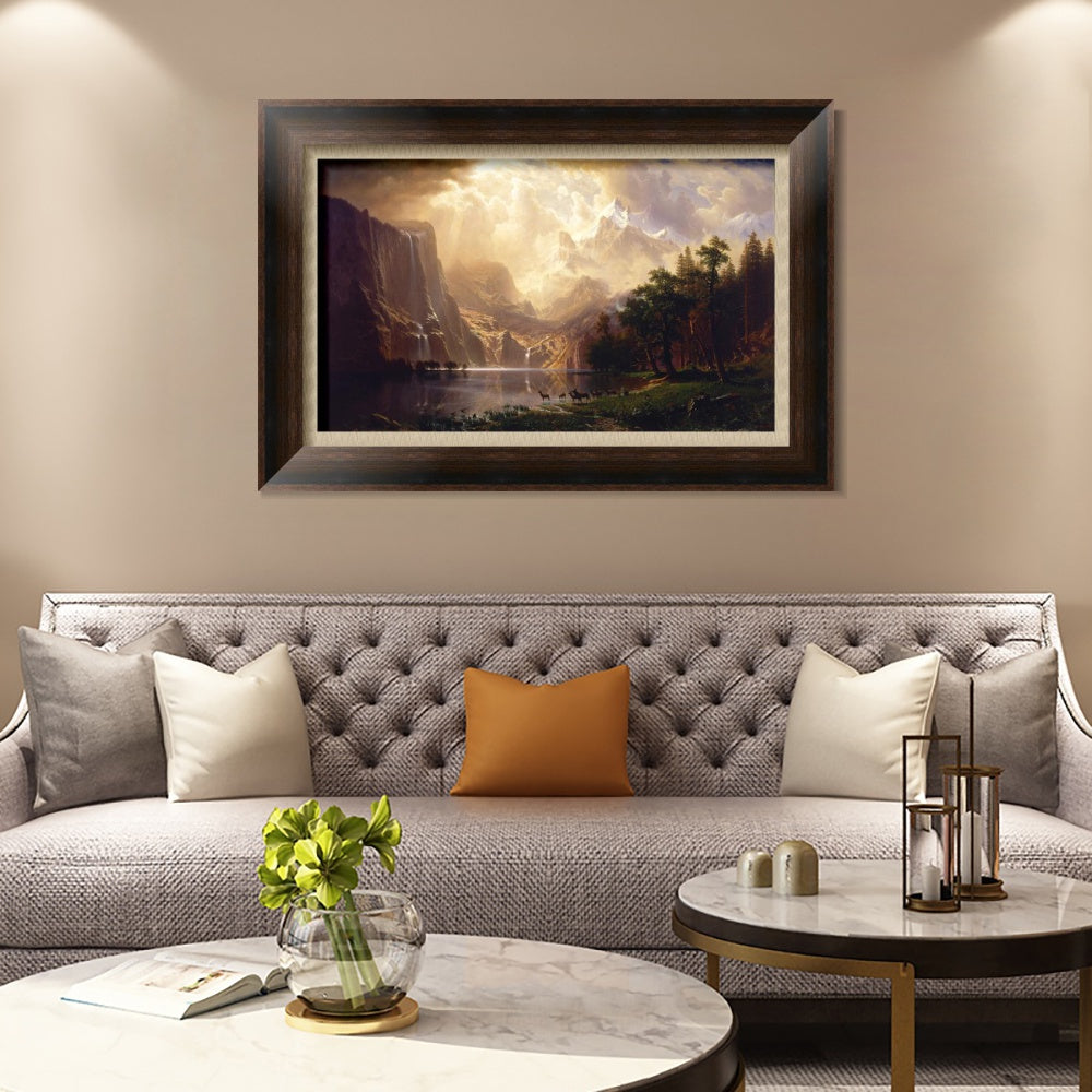 INVIN ART Framed Canvas Art Giclee Print Lake, Mountain, Waterfall, Animals by Albert Bierstadt Wall Art