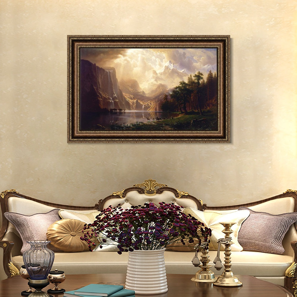 INVIN ART Framed Canvas Art Giclee Print Lake, Mountain, Waterfall, Animals by Albert Bierstadt Wall Art