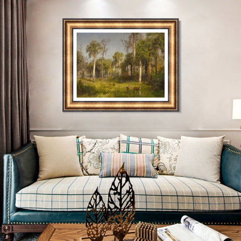 INVIN ART Framed Canvas Art Giclee Print Deer in the woods by Albert Bierstadt Wall Art Living Room Home Office Decorations