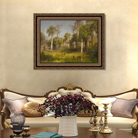 INVIN ART Framed Canvas Art Giclee Print Deer in the woods by Albert Bierstadt Wall Art Living Room Home Office Decorations