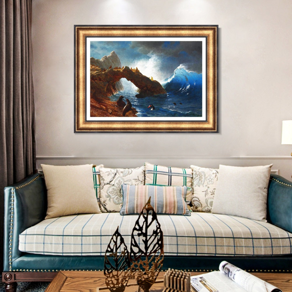 INVIN ART Framed Canvas Art Giclee Print Ses Lion and Waves by Albert Bierstadt Wall Art