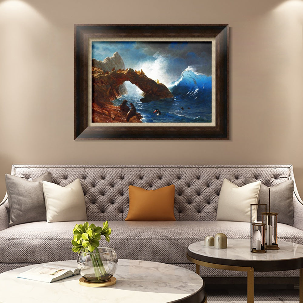 INVIN ART Framed Canvas Art Giclee Print Ses Lion and Waves by Albert Bierstadt Wall Art