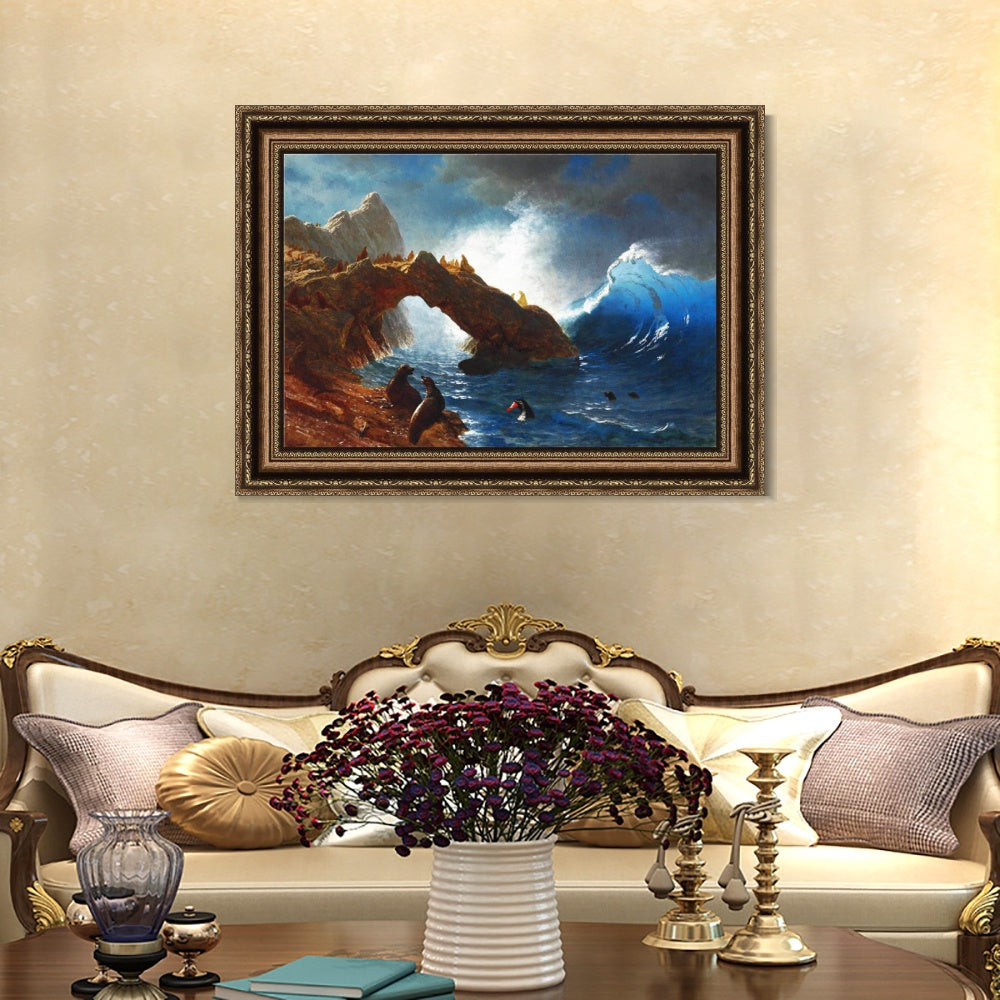 INVIN ART Framed Canvas Art Giclee Print Ses Lion and Waves by Albert Bierstadt Wall Art