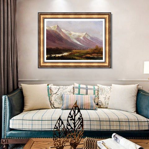 INVIN ART Framed Canvas Art Giclee Print Village at the foot of snow  mountains by Albert Bierstadt Wall Art Living Room Home Office Decorations