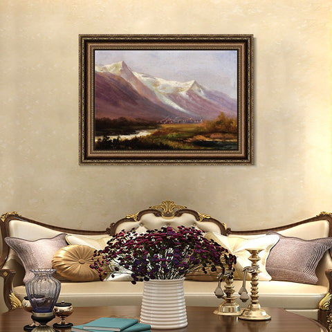 INVIN ART Framed Canvas Art Giclee Print Village at the foot of snow  mountains by Albert Bierstadt Wall Art Living Room Home Office Decorations