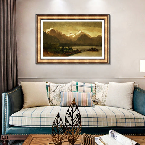 INVIN ART Framed Canvas Art Giclee Print Mountains and Lake#129 by Albert Bierstadt Wall Art Living Room Home Office Decorations