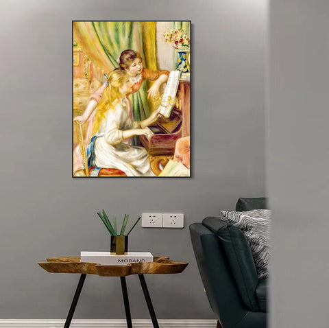 INVIN ART Framed Canvas Young Girls at the Piano by Pierre Auguste Renoir Wall Art Living Room Home Office Decorations