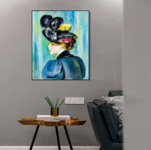 INVIN ART Framed Canvas JEUNE FEMME AU CHAPEAU NOIR by Pierre Auguste Renoir Wall Art Living Room Home Office Decorations